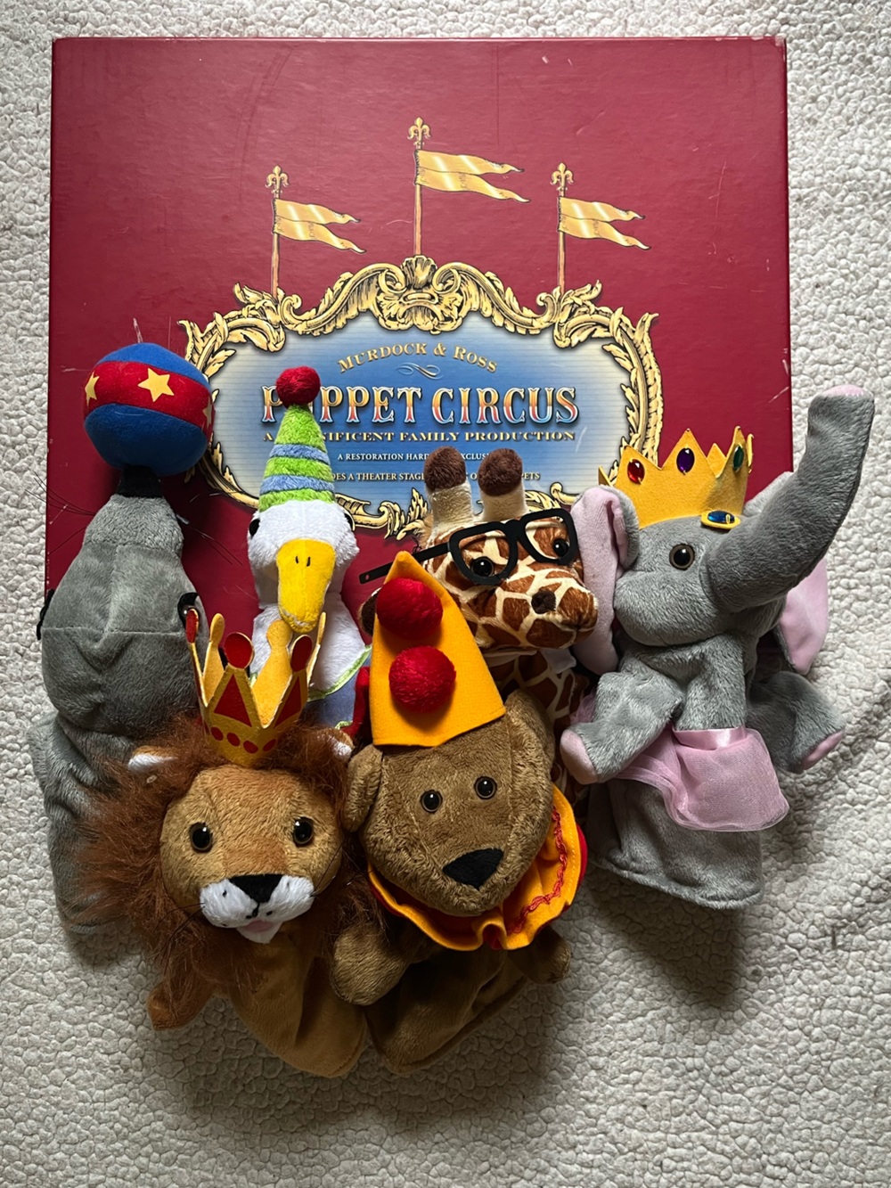 Plush Circus Animal Hand Puppets Set and Stage - Multicolor